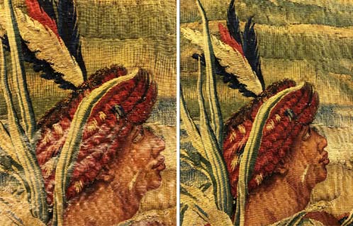 Détails avant et après dépoussiérage de la tapisserie "Les pécheurs indiens" qui révèle tous les détails de l'œuvre.