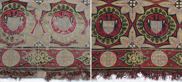 Détail du tapis de chœur de l'église Saint Julien, avant et après intervention : comblement des usures de la broderie en laine noire, consolidation et réfection des lacunes dans la passementerie.